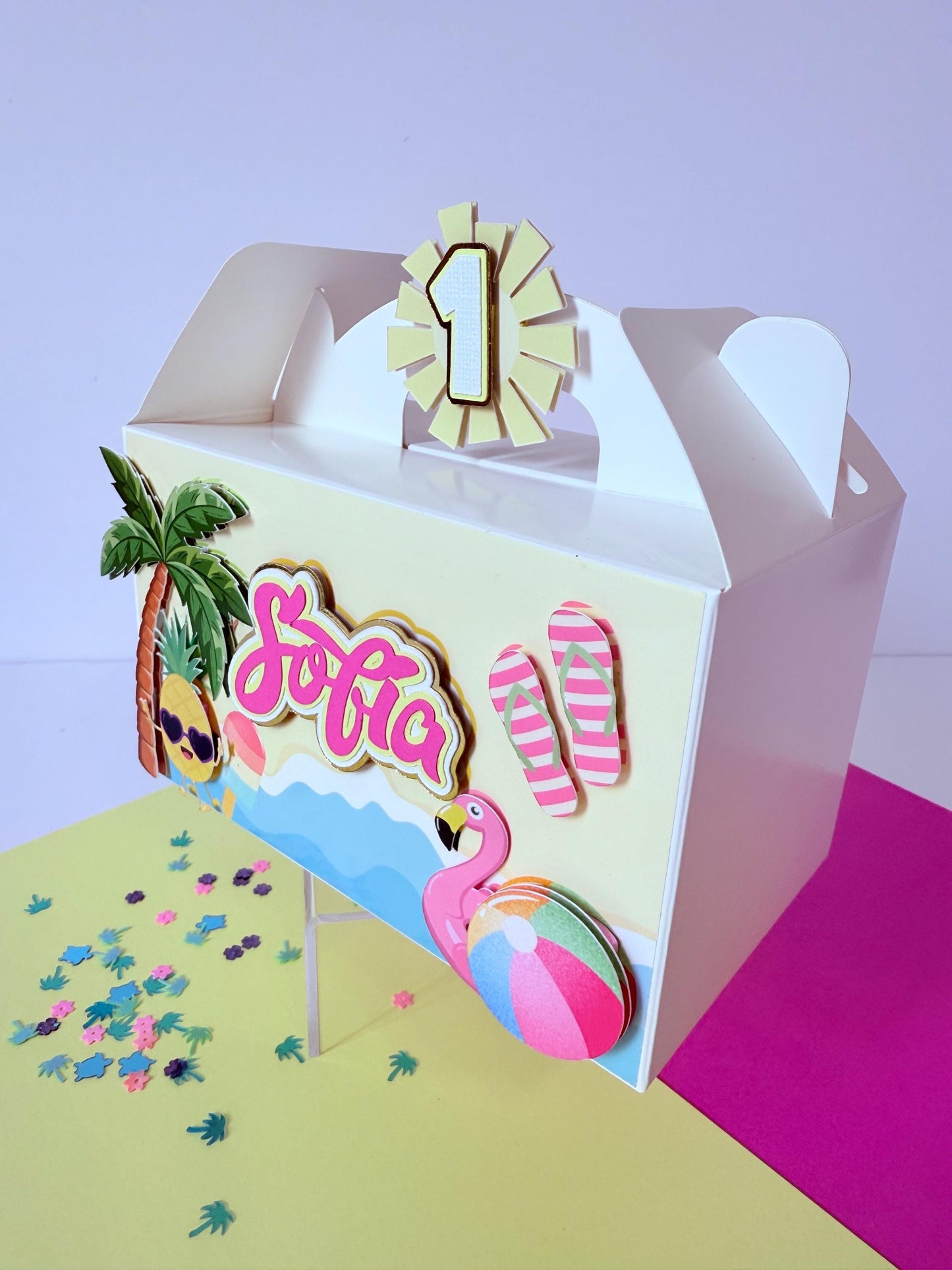 One in the Sun Favor Boxes: Tropical Pool Party Decor