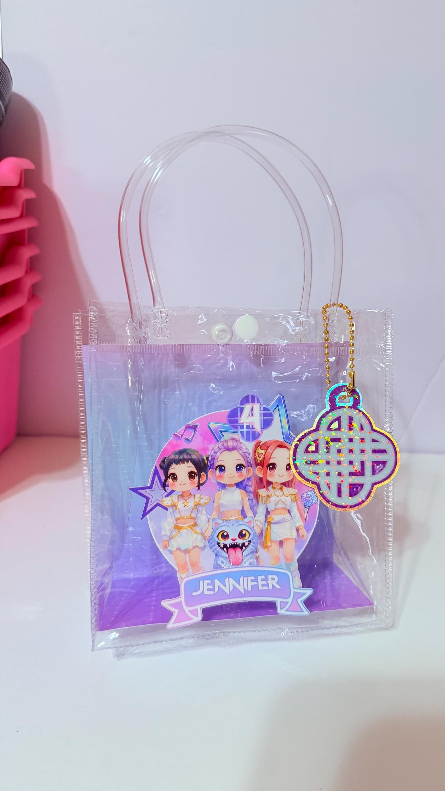 Kpop Favor Bags, Personalized Kids Birthday Party Favor Bags, Custom Name Clear Tote Bags Party Favors, Clear Goodie Bags, Pastel colors.