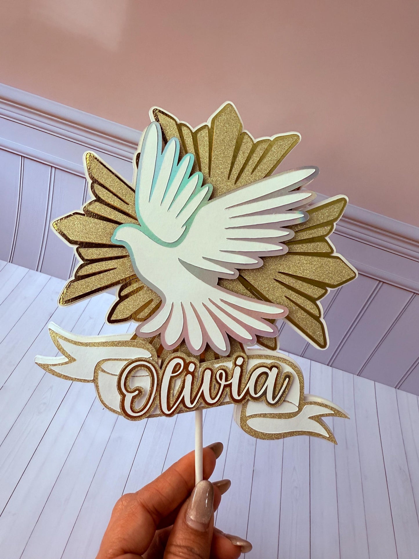 Personalized First Communion Cake Topper With Dove And Name, Baptism Cake Topper, Holy Communion Party Decor, Religious Cake Decoration