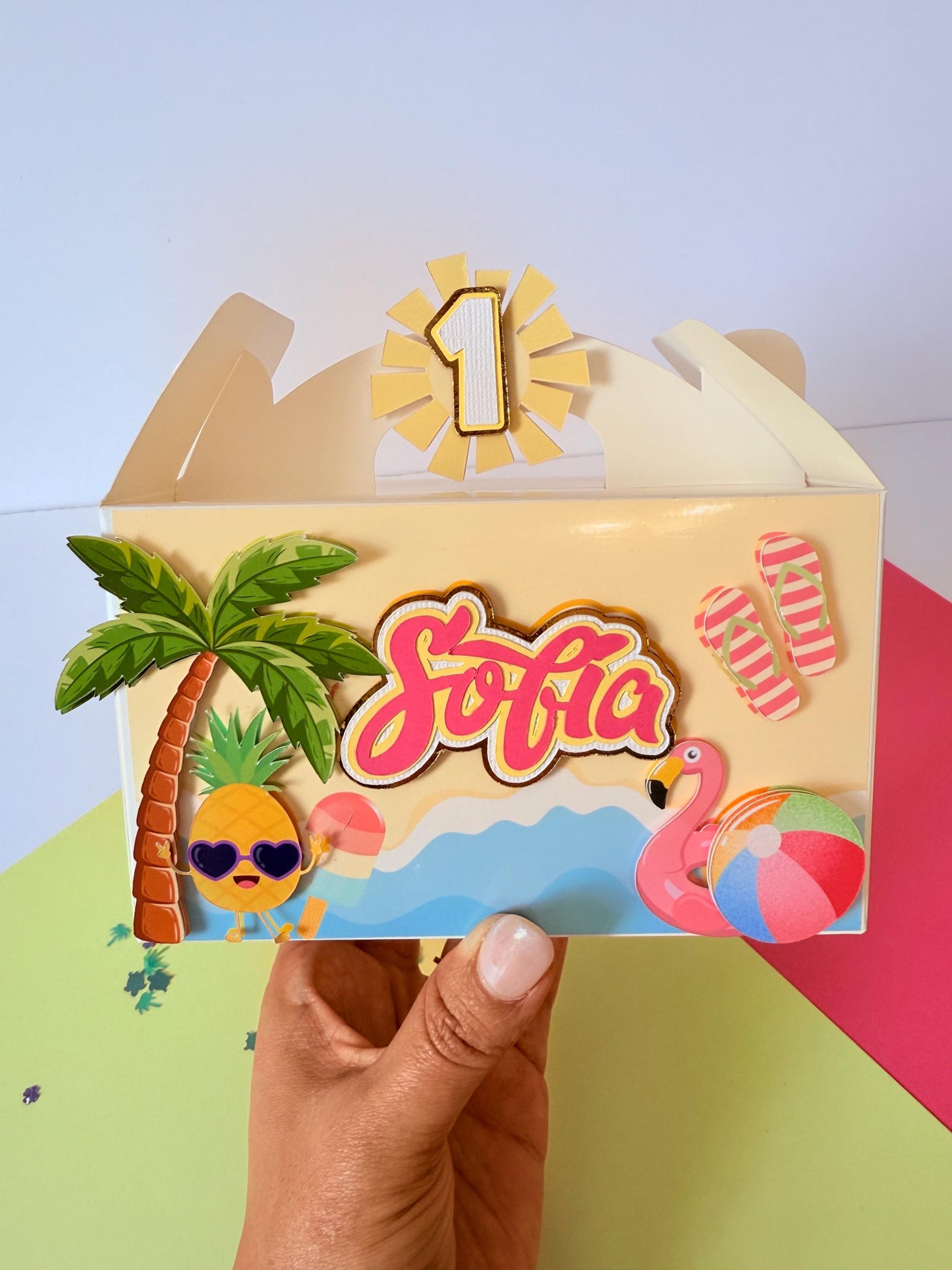 One in the Sun Favor Boxes: Tropical Pool Party Decor