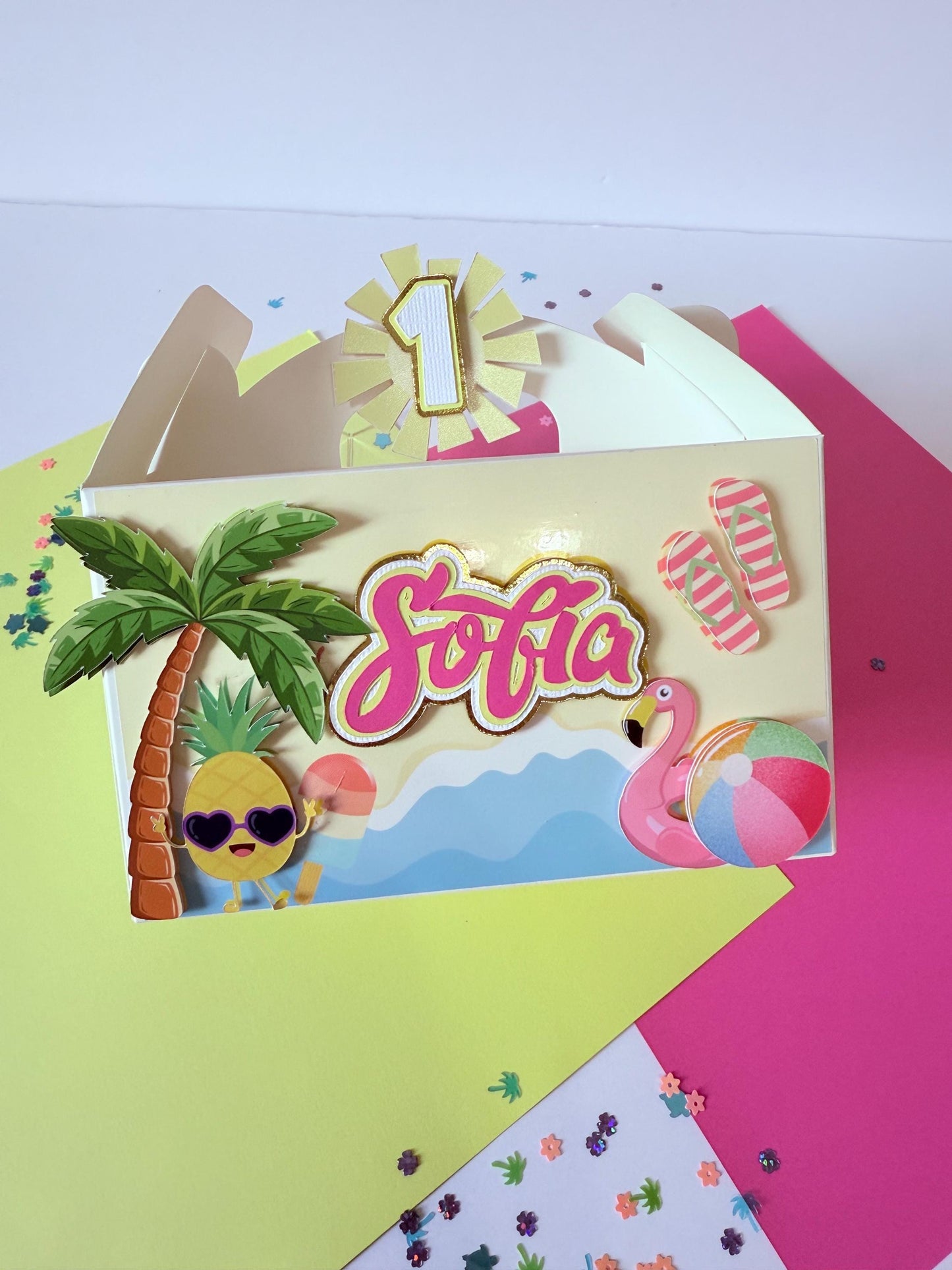 One in the Sun Favor Boxes: Tropical Pool Party Decor