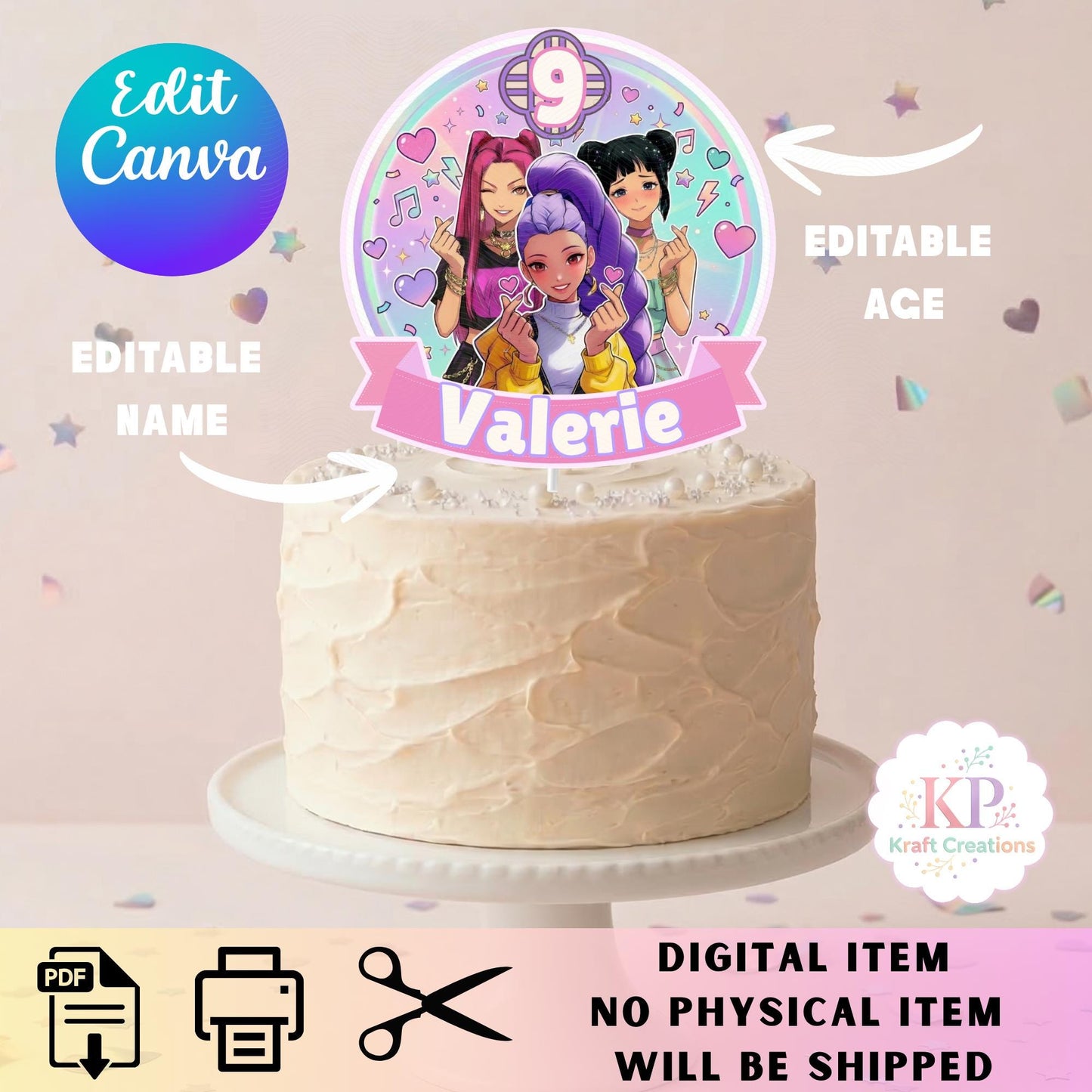 Kpop Birthday Cake Topper Personalized Name And Age, Kpop Party Decor, Editable Canva Kpop Cake Topper, Printable Girl Birthday Party