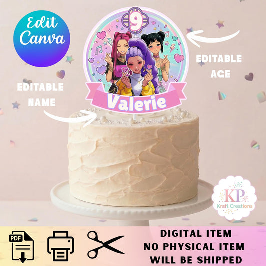 Kpop Birthday Cake Topper Personalized Name And Age, Kpop Party Decor, Editable Canva Kpop Cake Topper, Printable Girl Birthday Party
