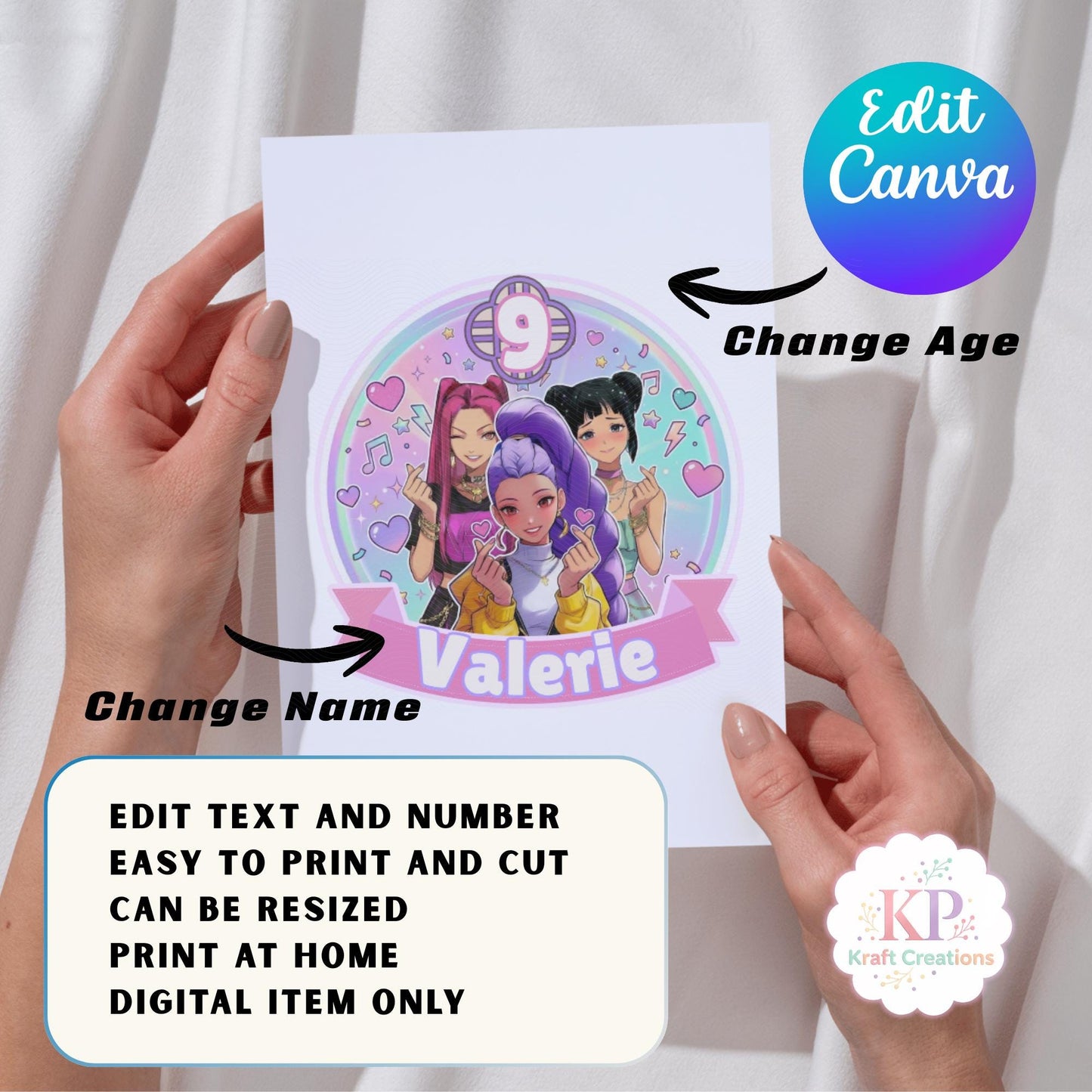 Kpop Birthday Cake Topper Personalized Name And Age, Kpop Party Decor, Editable Canva Kpop Cake Topper, Printable Girl Birthday Party