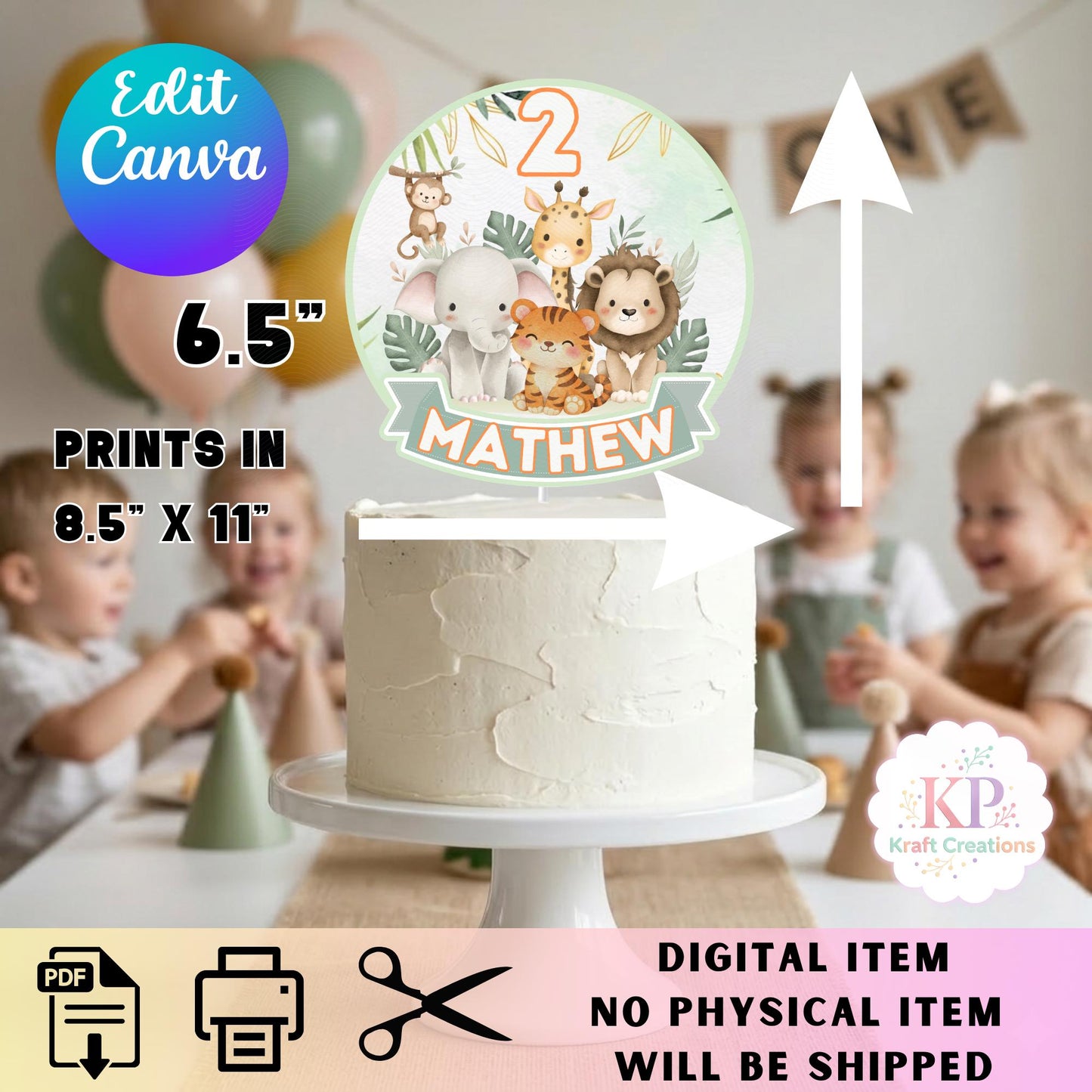 Safari Birthday Cake Topper Personalized Name And Age, Two Wild Birthday Party Decor, Wild One Jungle Animals Cake Topper, Editable Canva