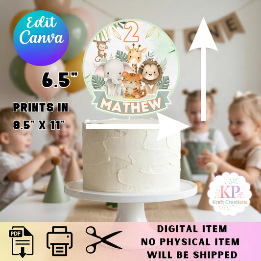 Safari Birthday Cake Topper Personalized Name And Age, Two Wild Birthday Party Decor, Wild One Jungle Animals Cake Topper, Editable Canva