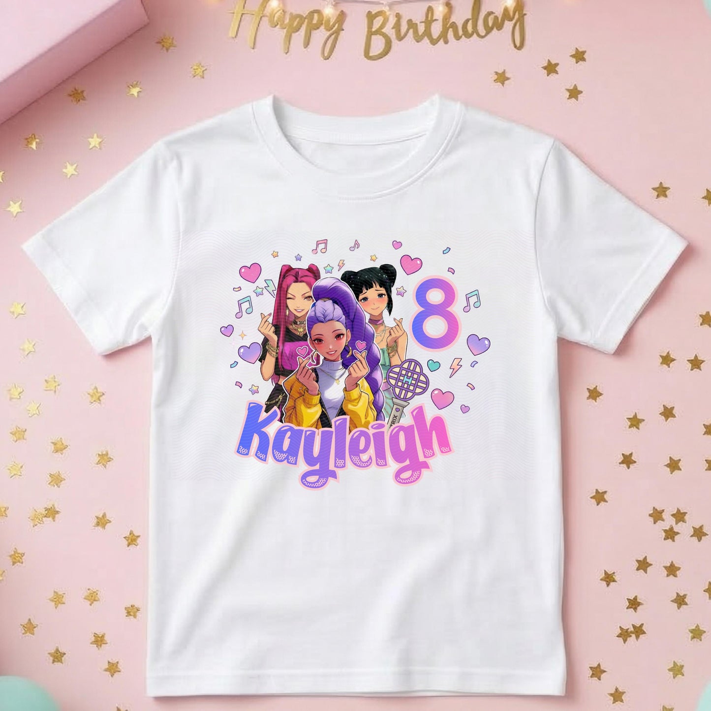 KPop Birthday Shirt Personalized, Kpop Birthday Outfit, Custom Name Age Shirt, Huntr x Girls Kpop Party Shirt, Music Birthday Youth Tee