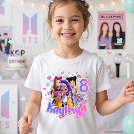 KPop Birthday Shirt Personalized, Kpop Birthday Outfit, Custom Name Age Shirt, Huntr x Girls Kpop Party Shirt, Music Birthday Youth Tee