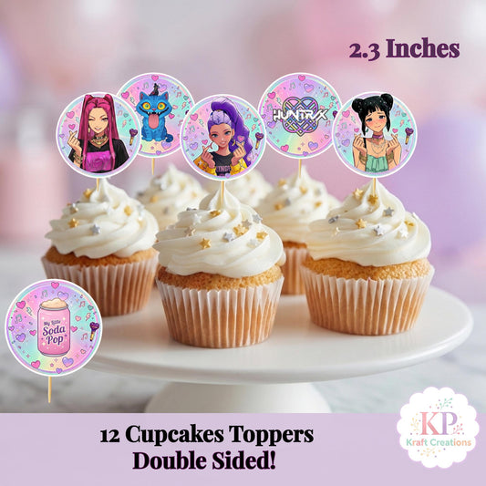 K-Pop Cupcake Toppers, Huntrix Birthday Party Decor, Kpop Fan Cake Picks, Set of 12 Double Sided Pink Girl Pop Star Supplies