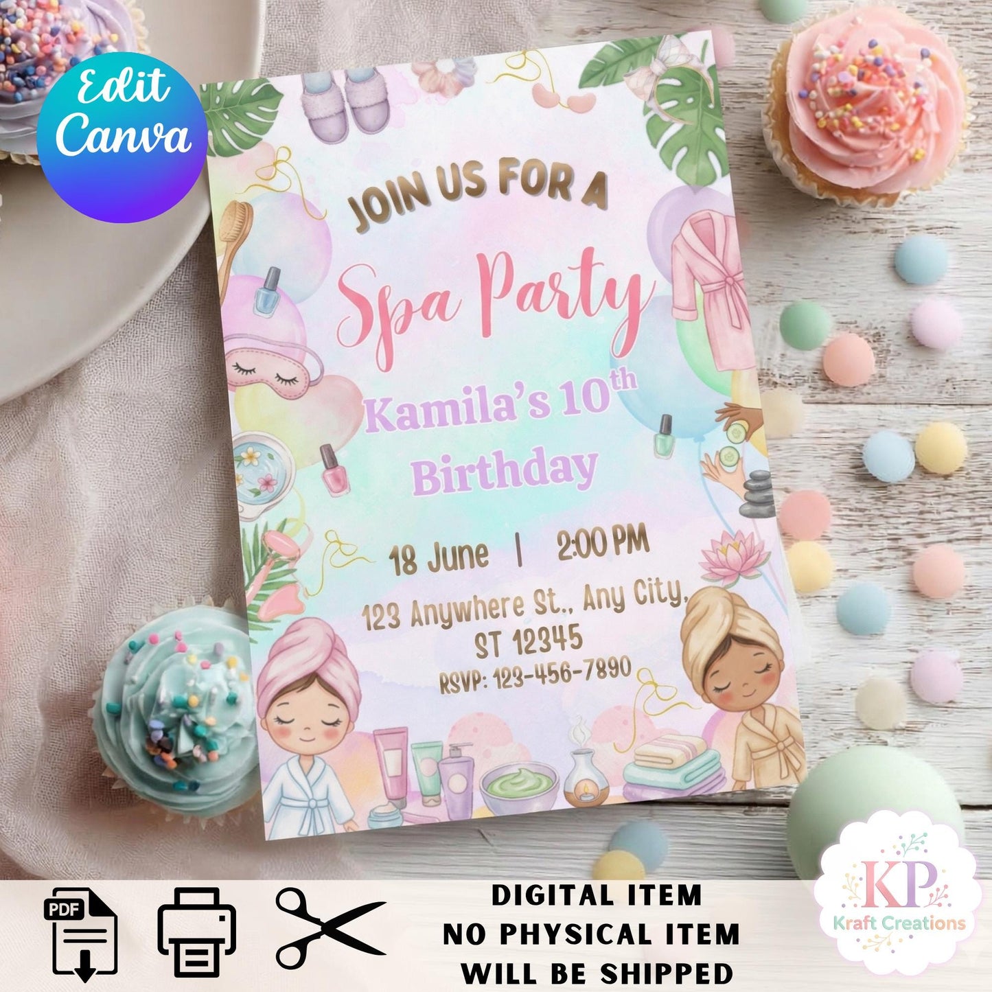 Spa Birthday Invitation Editable Canva Template, Girls Spa Party Invite, Sleepover Birthday Invitation, Glam Spa Theme Invite Salon Party