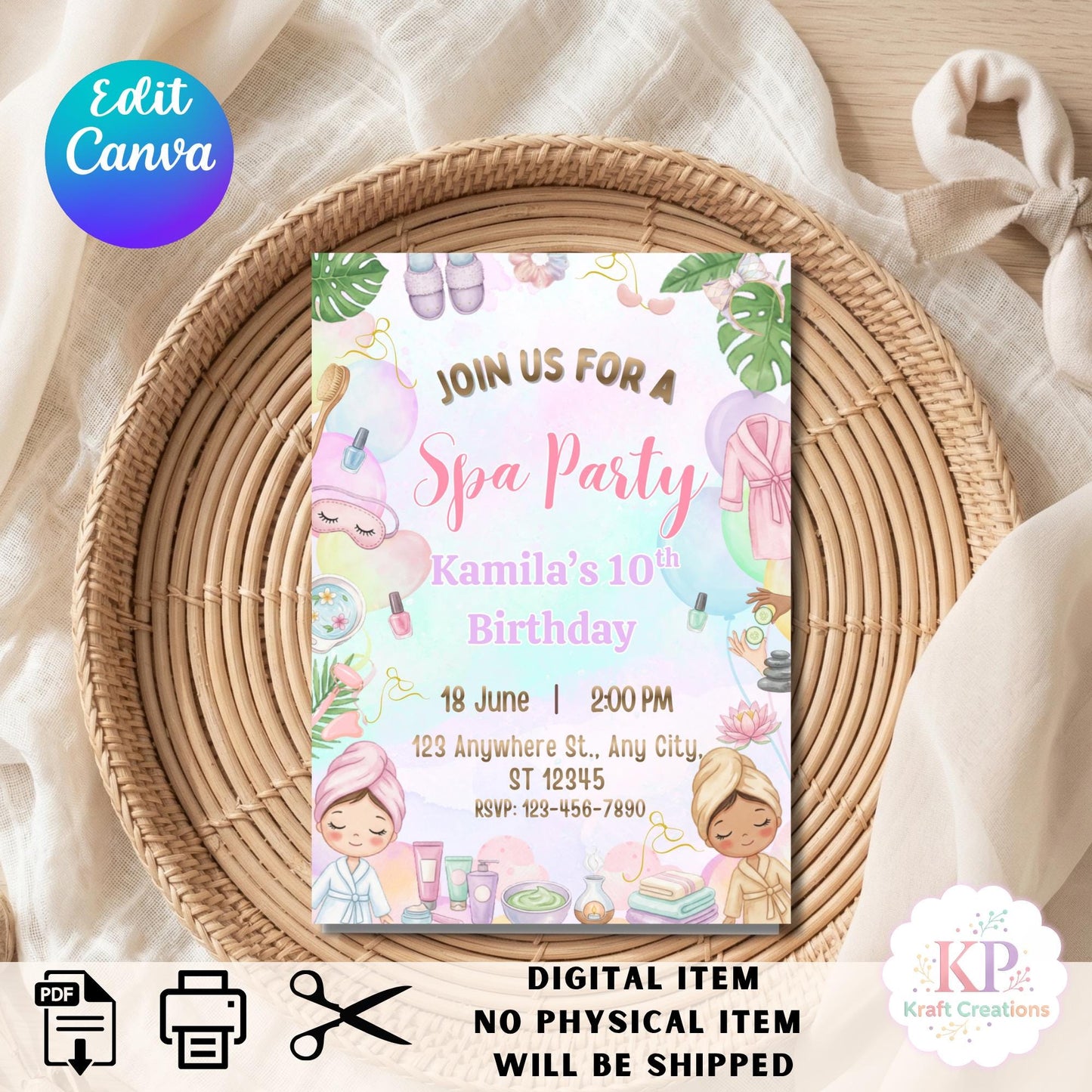 Spa Birthday Invitation Editable Canva Template, Girls Spa Party Invite, Sleepover Birthday Invitation, Glam Spa Theme Invite Salon Party