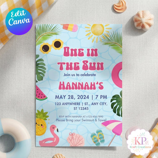 One in the Sun Birthday Invitation Editable Canva Template, Summer Pool Party Invite, Tropical First Birthday Invitation, Summer Bash Party