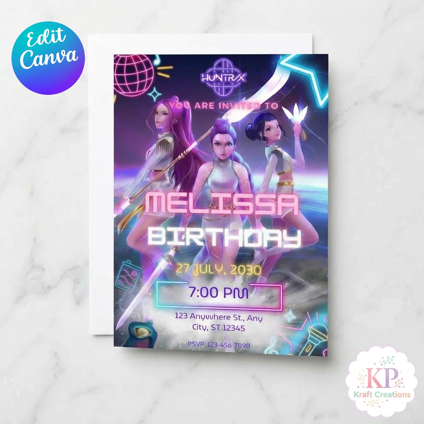 Kpop Birthday Invitation Editable Canva Template, Neon Party Invite, Kpop Theme Birthday Invite, Girl Party Invitation 5x7 Digital Download