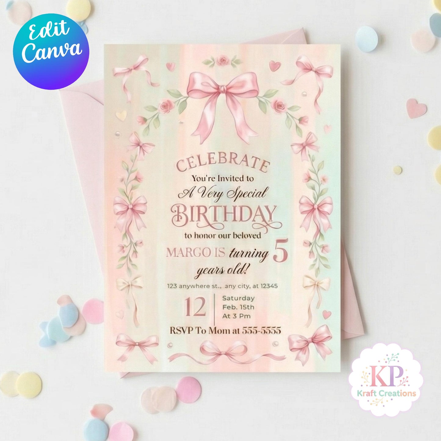 Coquette Birthday Invitation Editable Canva Template, Pink Bow Birthday Invite, Vintage Pastel Girl Party Invite, 5x7 Digital Download