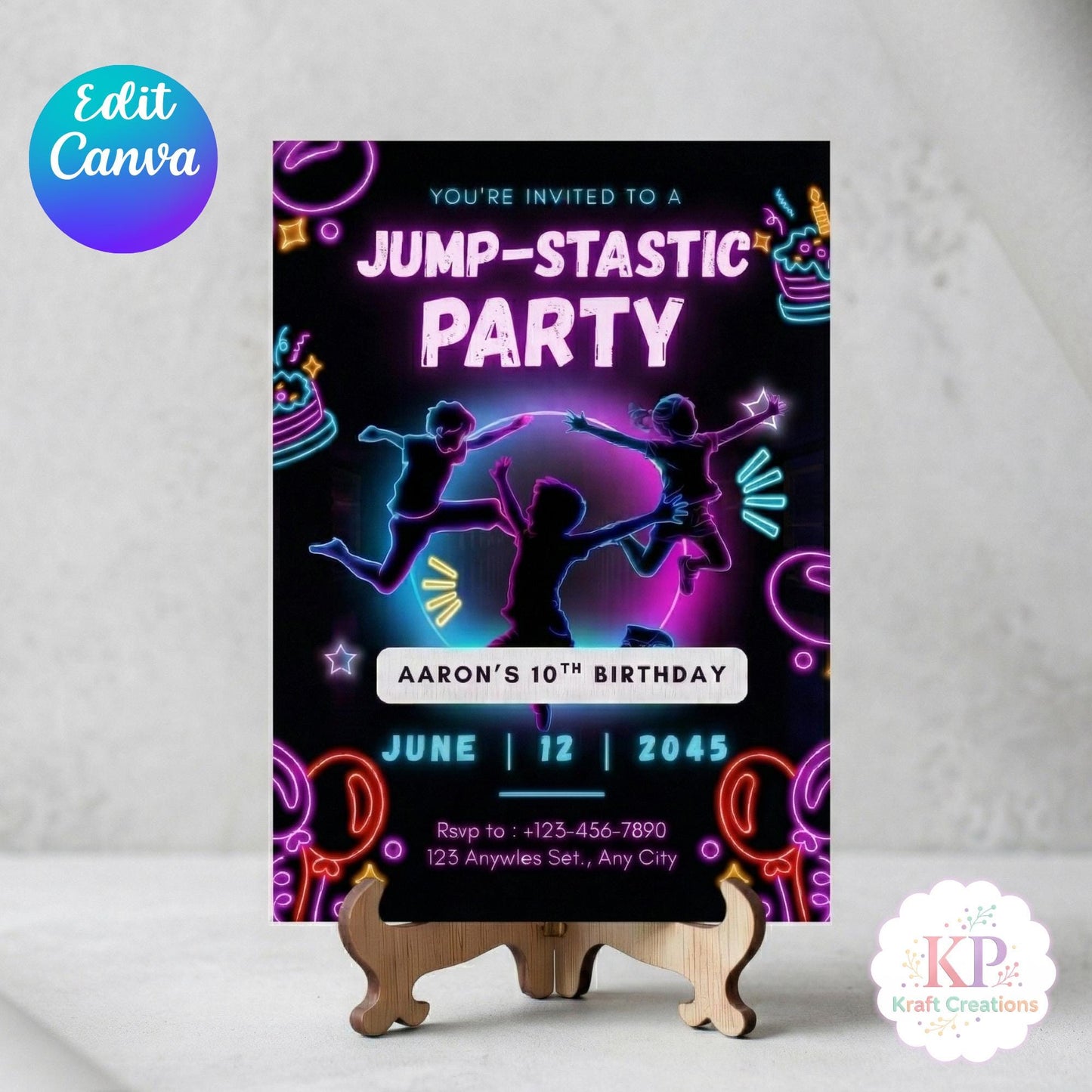 Jump Party Invitation Editable Canva Template, Trampoline Birthday Invite, Neon Glow Party Invite, Kids Jump & Flip Party Invitation
