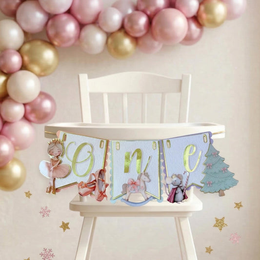 Winter Onederland Party, Ballerina Highchair Banner, Pink Christmas Theme.