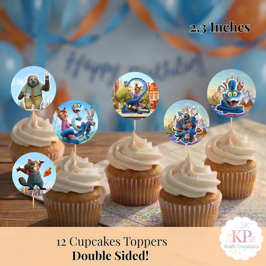 Zoo topia Cupcake Toppers, Double Sided Zoo topia Birthday Party Decor, Zoo Animal Birthday Supplies 12pk,