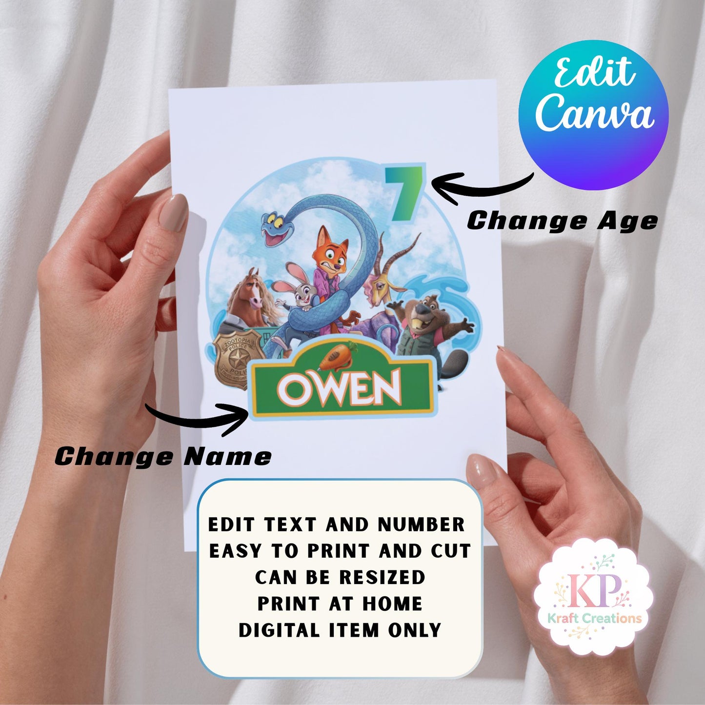 Editable Zoo topia Cake Topper, Personalized Birthday Party Decor, Digital Printable Canva Template,  Custom Name and Age Topper, DIY