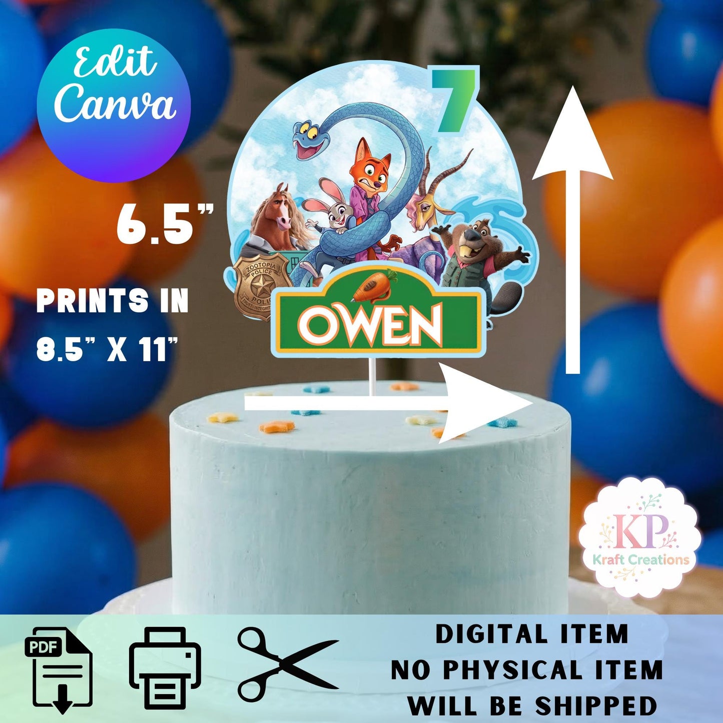 Editable Zoo topia Cake Topper, Personalized Birthday Party Decor, Digital Printable Canva Template,  Custom Name and Age Topper, DIY
