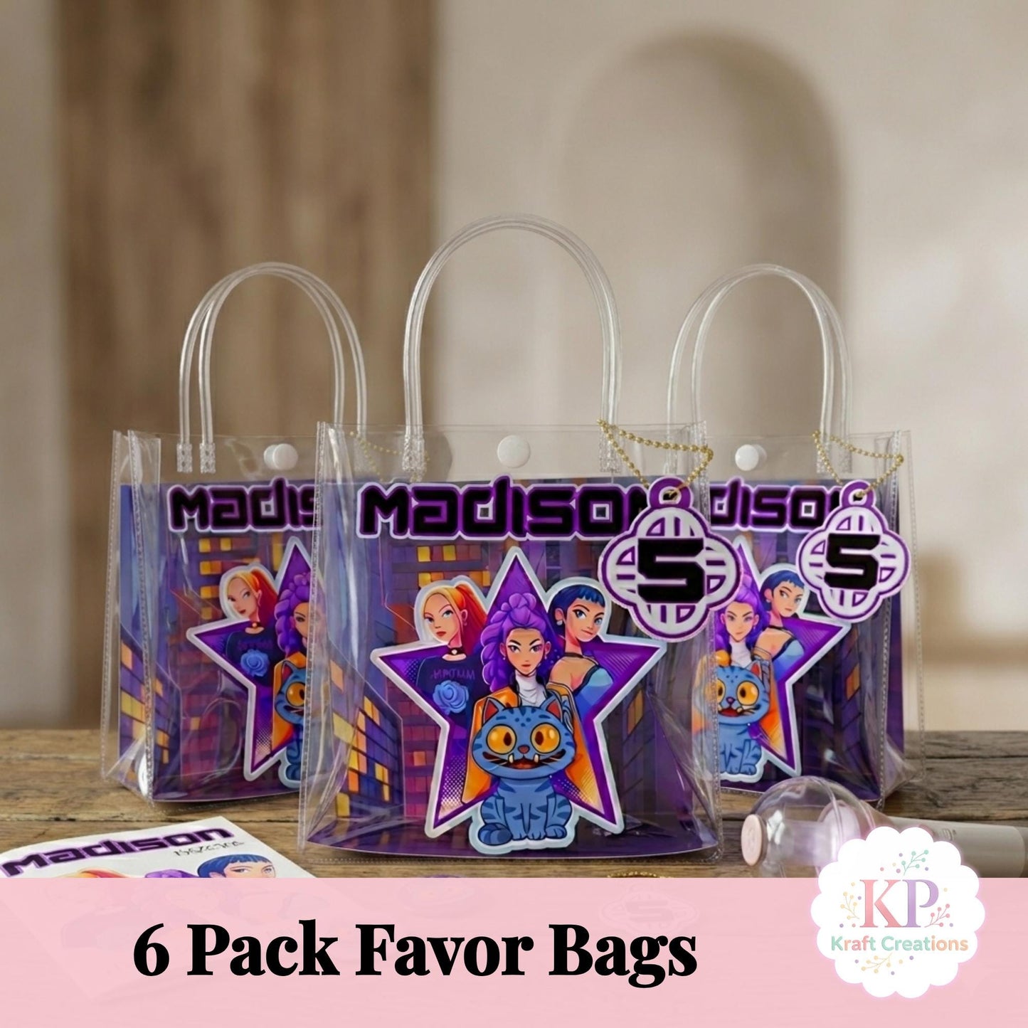 Personalized Favor Bags, Kpop Favors, Decorative Plastic Bags, Custom Goodie Bags Birthday Favor Bags, Huntr/x Birthday Favors.