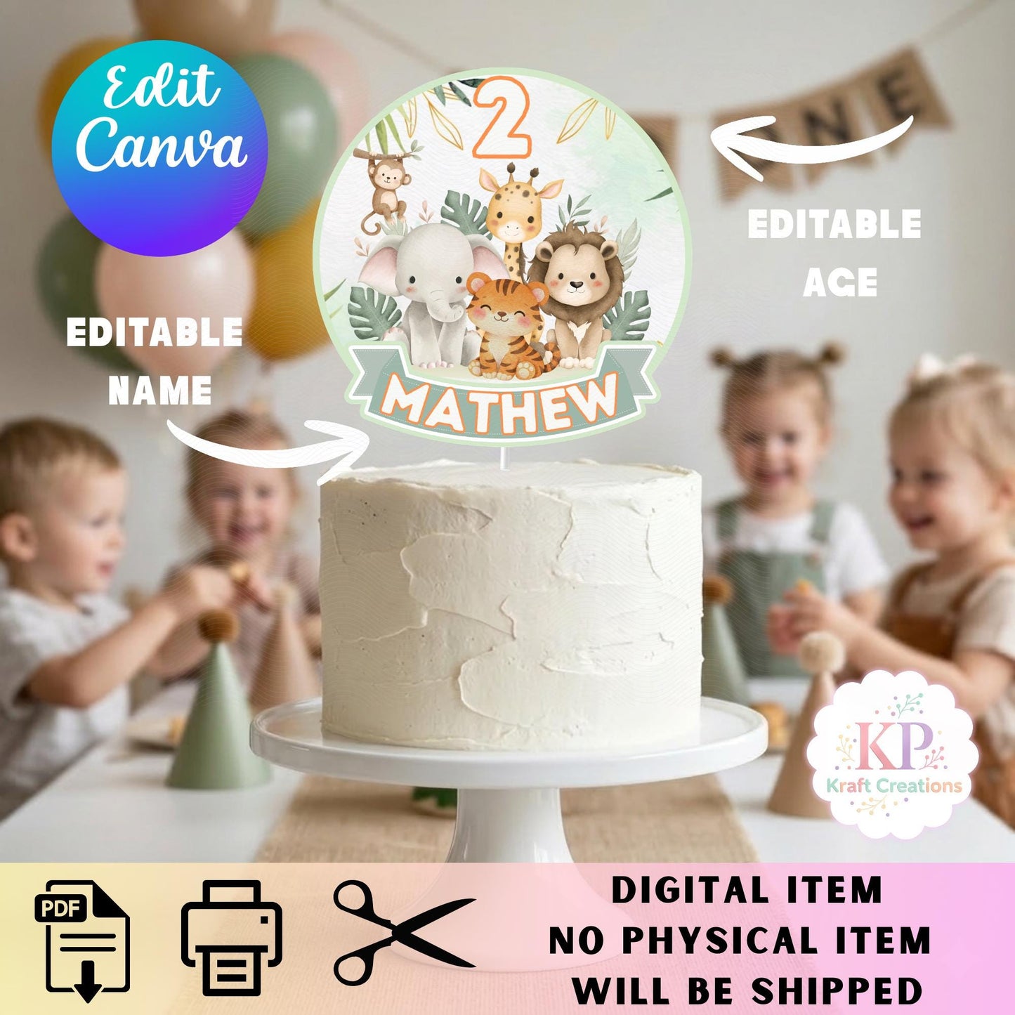 Safari Birthday Cake Topper Personalized Name And Age, Two Wild Birthday Party Decor, Wild One Jungle Animals Cake Topper, Editable Canva