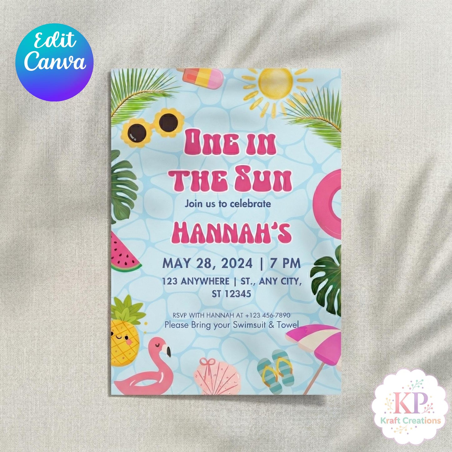 One in the Sun Birthday Invitation Editable Canva Template, Summer Pool Party Invite, Tropical First Birthday Invitation, Summer Bash Party
