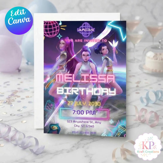 Kpop Birthday Invitation Editable Canva Template, Neon Party Invite, Kpop Theme Birthday Invite, Girl Party Invitation 5x7 Digital Download