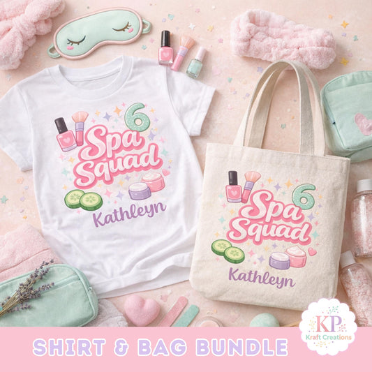 Spa Squad Birthday Bundle, Personalized Shirt and Tote Bag Set, Girls Spa Party Outfit and Favor Bag, Pamper Party Bundle