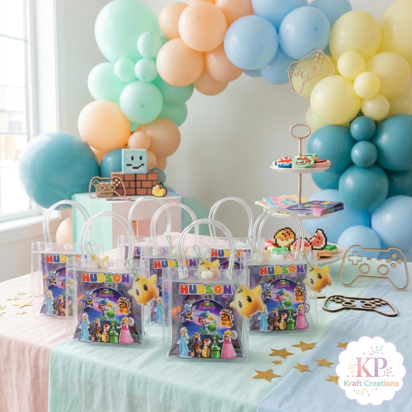 Mario Birthday Party Favor Bags, Super Bros Galaxy Inspired Favor Bags, Kids Birthday Party Goodie Bags, Video Game Custom Name Treat Bags