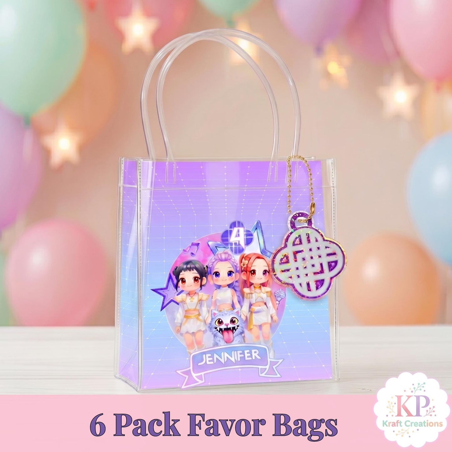 Kpop Favor Bags, Personalized Kids Birthday Party Favor Bags, Custom Name Clear Tote Bags Party Favors, Clear Goodie Bags, Pastel colors.