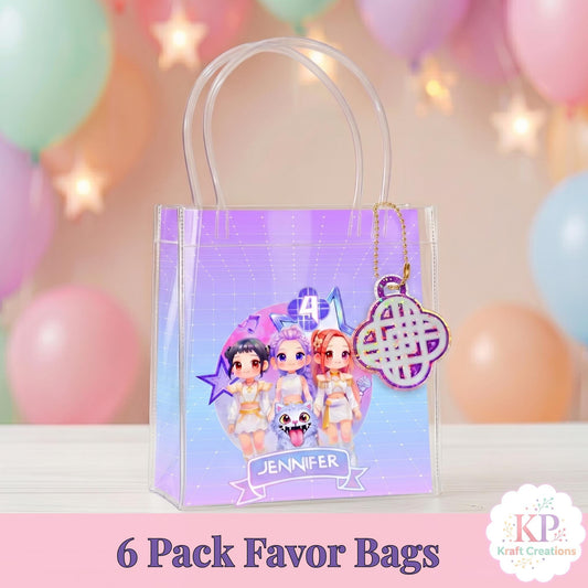 Kpop Favor Bags, Personalized Kids Birthday Party Favor Bags, Custom Name Clear Tote Bags Party Favors, Clear Goodie Bags, Pastel colors.