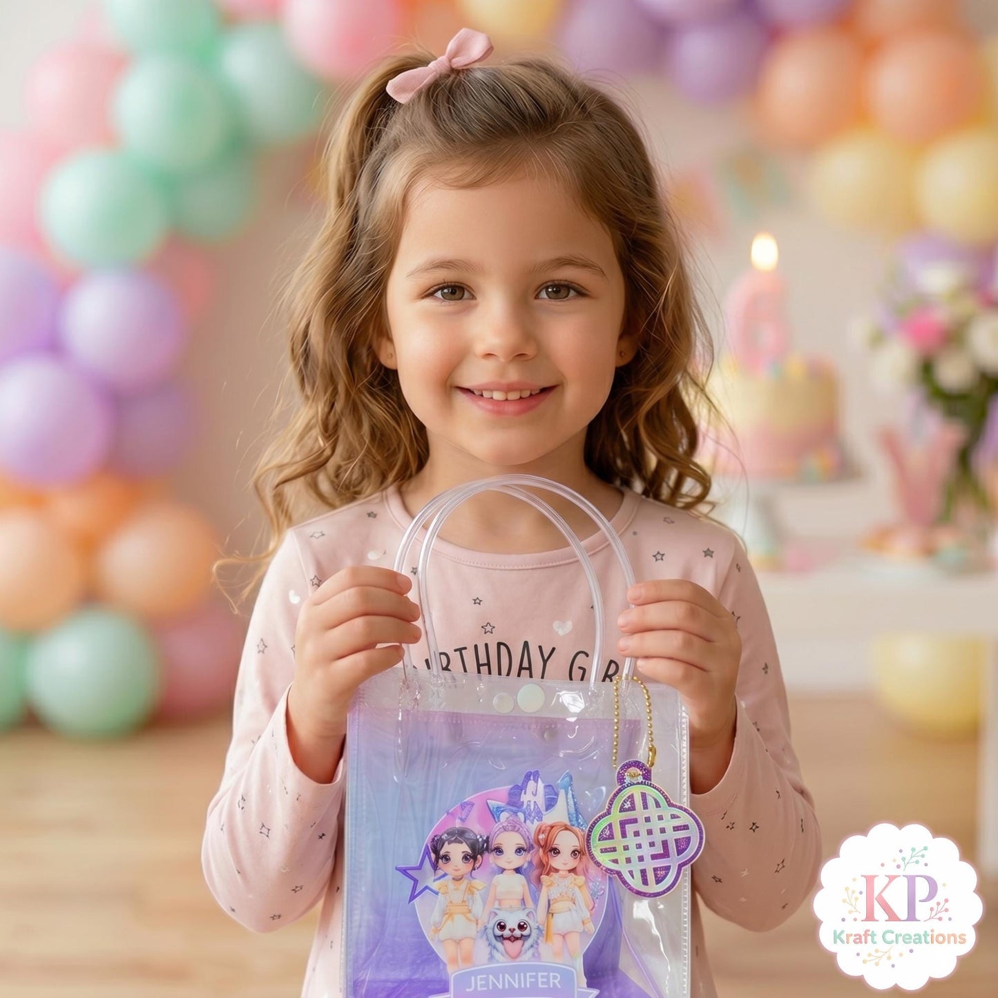 Kpop Favor Bags, Personalized Kids Birthday Party Favor Bags, Custom Name Clear Tote Bags Party Favors, Clear Goodie Bags, Pastel colors.