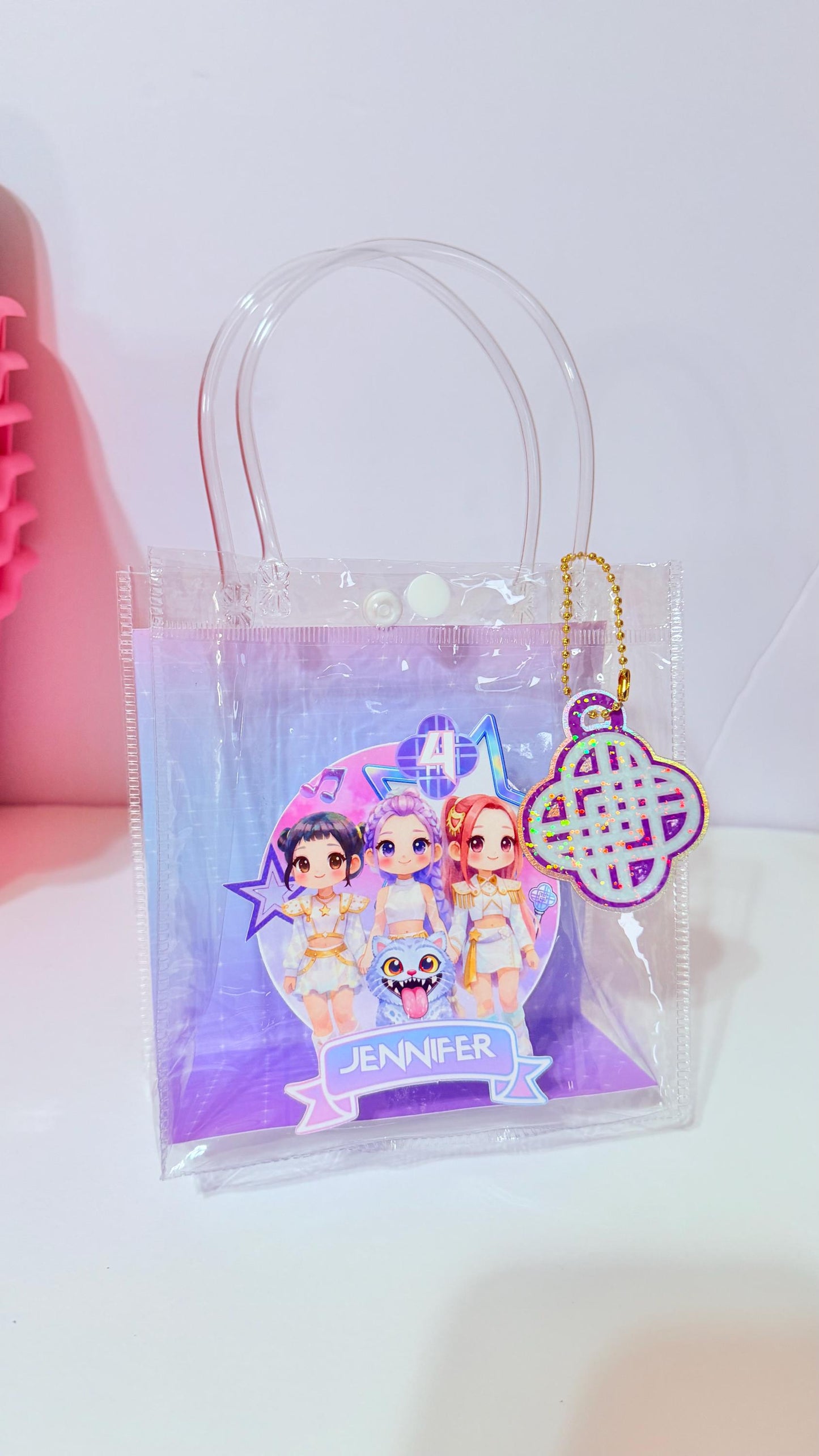 Kpop Favor Bags, Personalized Kids Birthday Party Favor Bags, Custom Name Clear Tote Bags Party Favors, Clear Goodie Bags, Pastel colors.