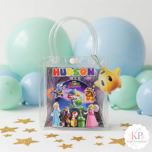 Mario Birthday Party Favor Bags, Super Bros Galaxy Inspired Favor Bags, Kids Birthday Party Goodie Bags, Video Game Custom Name Treat Bags