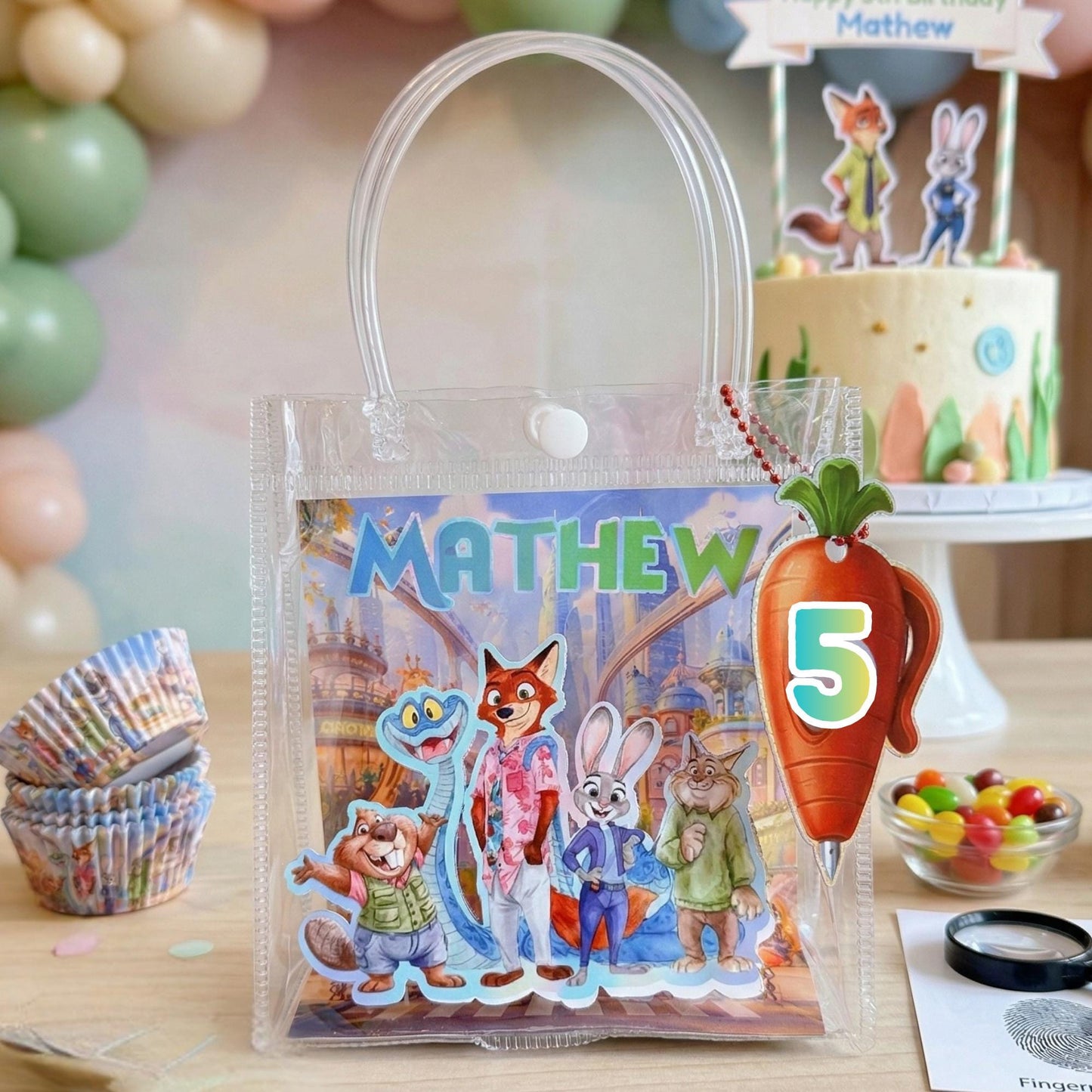 Zoo topia Favor Bags Personalized Clear Party Bags Kids Birthday Goodie Bags Custom Animal Theme Party, Personalized Name Treat Bag