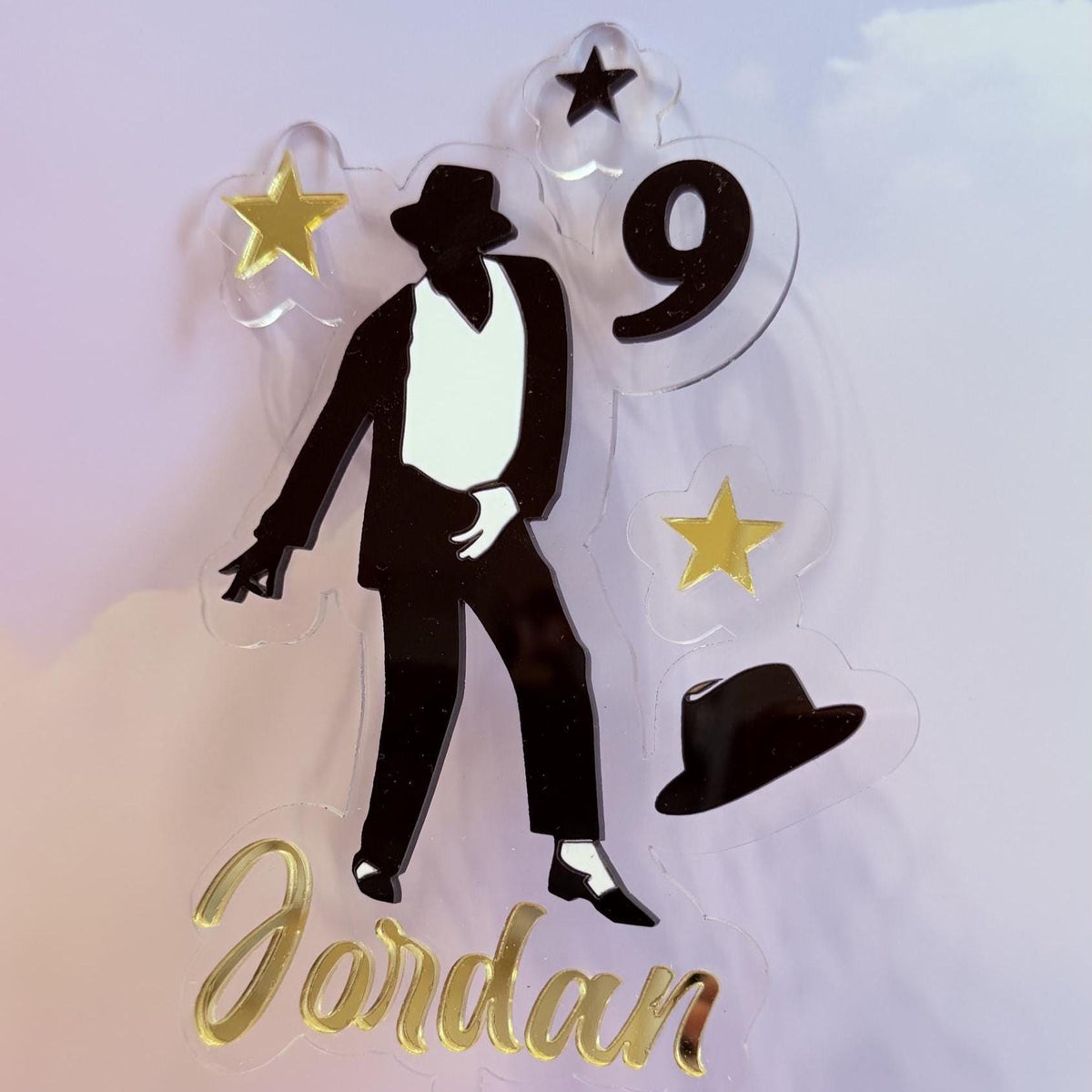 King of Pop Cake Topper, Personalized Name and Age Acrylic Birthday Decoration, Black Gold Music Party Decor, Singer Fan Gift