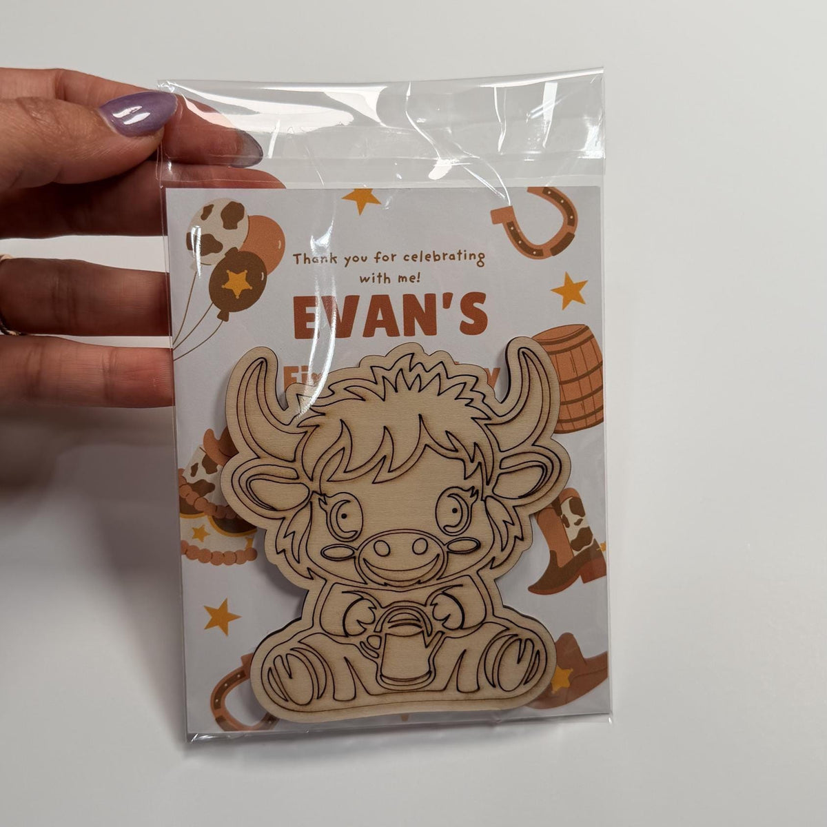 Highland Cow Wood Coloring Kit, Personalized First Rodeo Party Favor With 6 Markers, Kids Western Birthday Craft, Mess Free Activity