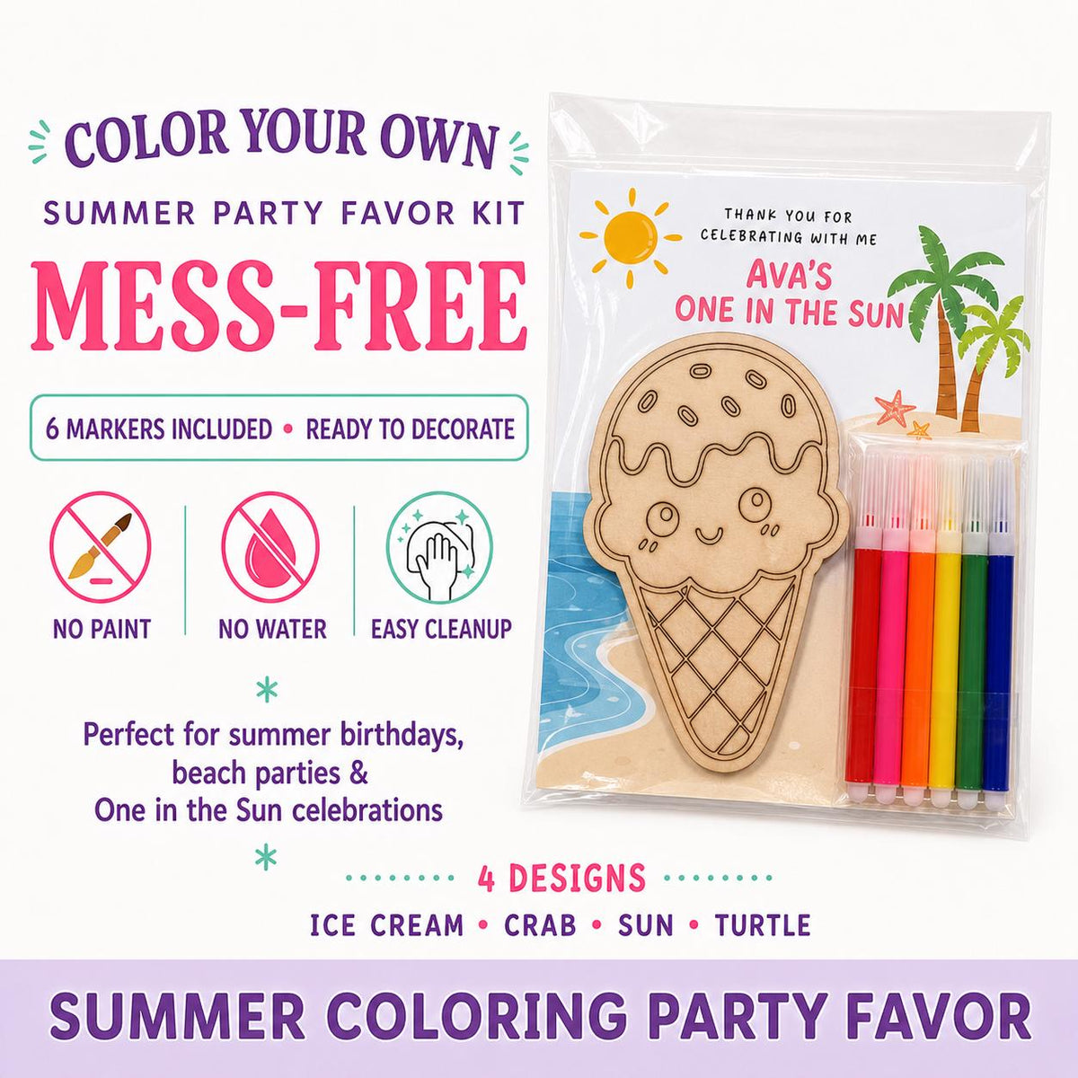 Summer Party Favor, Personalized Wood Coloring Kit with Markers, Beach Birthday Kids Craft, One in the Sun Craft Activity Paint your Own