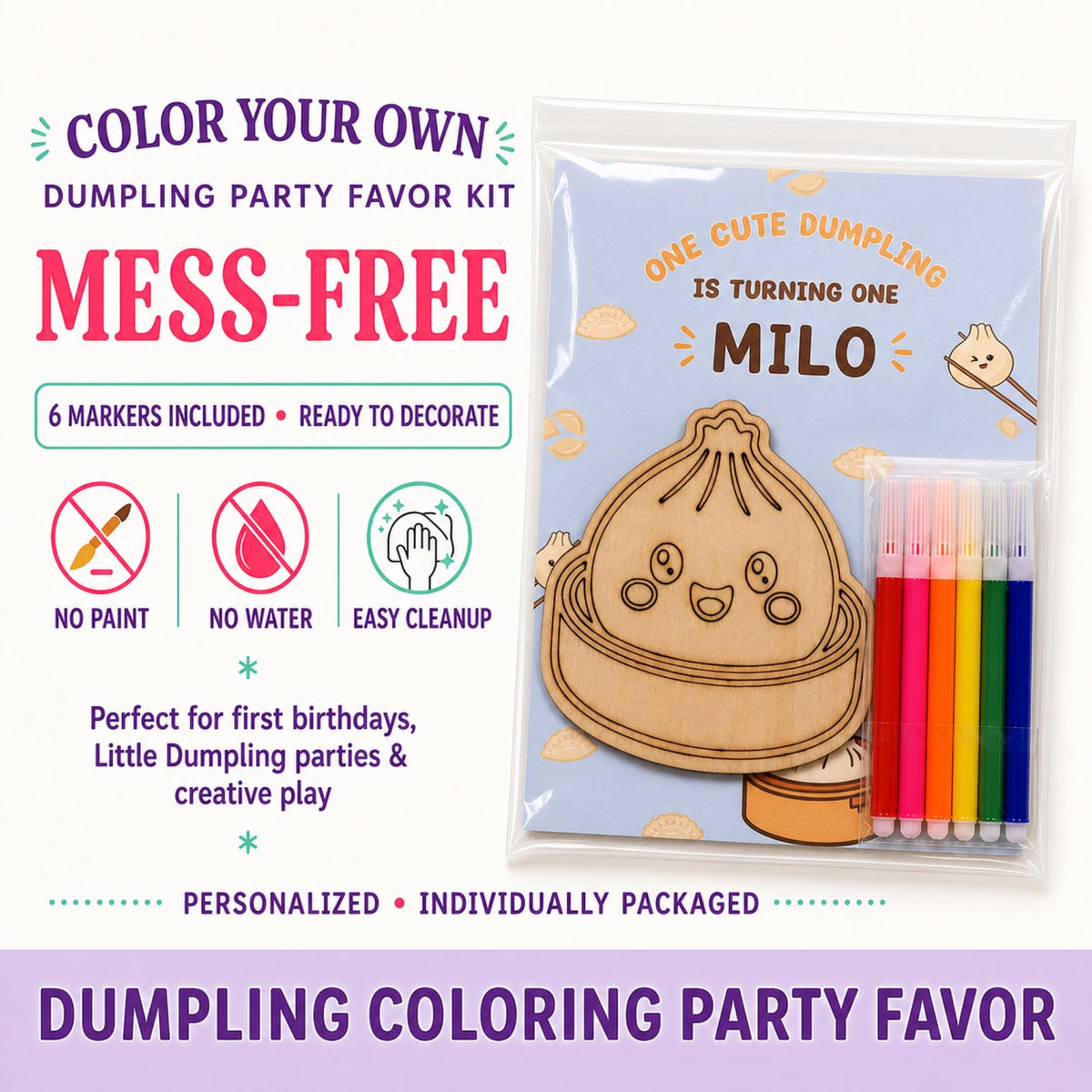 Dumpling Wood Coloring Kit, One Cute Dumpling First Birthday Party Favor With 6 Markers, Kids Dim Sum Birthday Craft Activity, Bao Bun Party