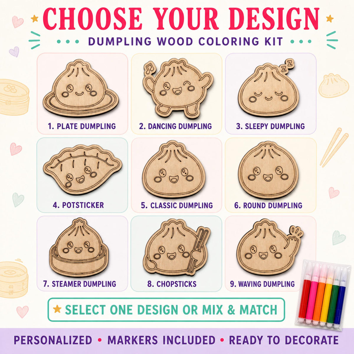 Dumpling Wood Coloring Kit, One Cute Dumpling First Birthday Party Favor With 6 Markers, Kids Dim Sum Birthday Craft Activity, Bao Bun Party