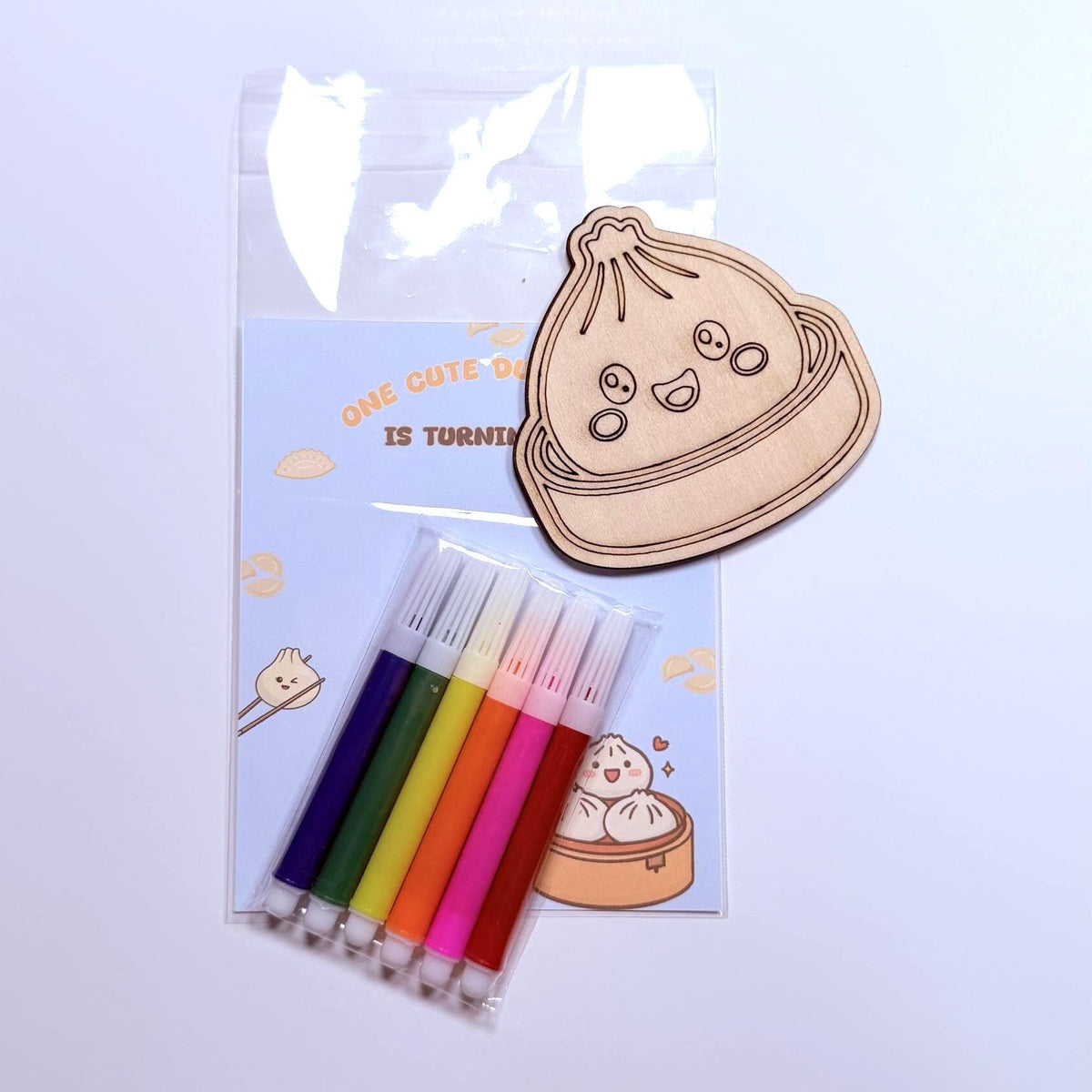 Dumpling Wood Coloring Kit, One Cute Dumpling First Birthday Party Favor With 6 Markers, Kids Dim Sum Birthday Craft Activity, Bao Bun Party