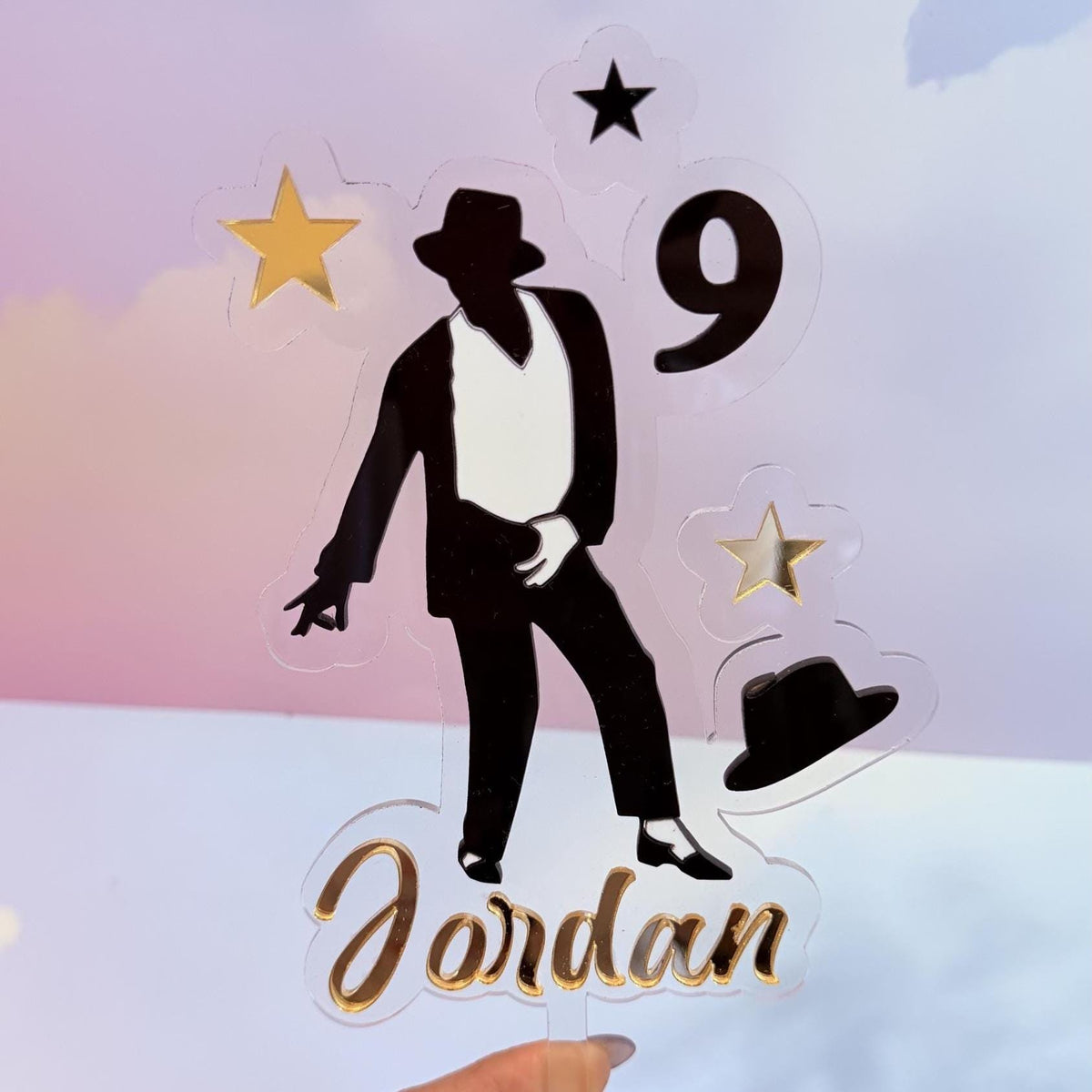 King of Pop Cake Topper, Personalized Name and Age Acrylic Birthday Decoration, Black Gold Music Party Decor, Singer Fan Gift