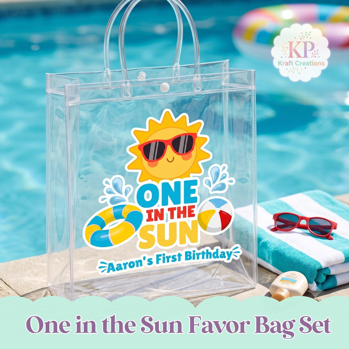 One in the Sun Favor Bags | Pool Party Birthday Bags | Personalized Clear PVC Party Bags | Summer First Birthday Favors