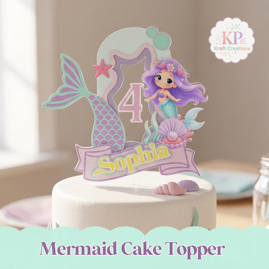 Personalized Mermaid Cake Topper, Custom Name and Age, Under the Sea Birthday Decorations, Pastel Mermaid Party Cake Decor for Girls