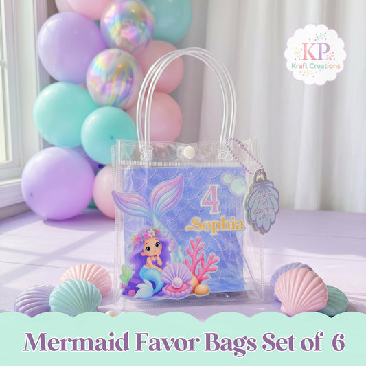 Mermaid Party Favor Bags, Personalized Mermaid Birthday Favor Bags, Custom PVC Treat Bags, Mermaid Goody Bags, Kids Birthday Party Decor