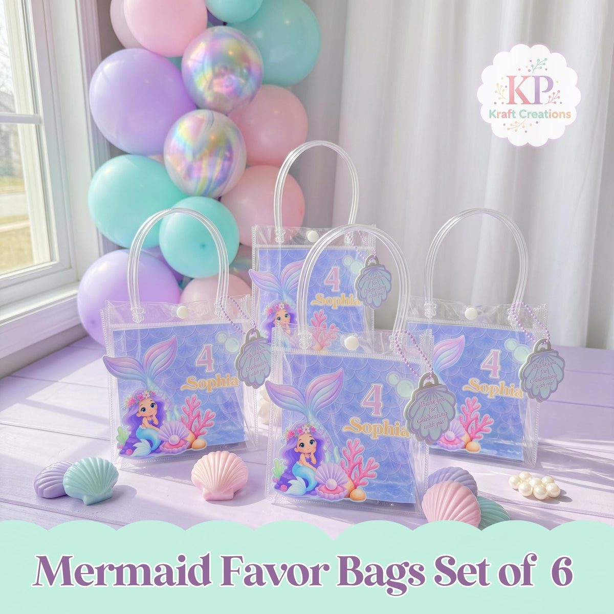 Mermaid Party Favor Bags, Personalized Mermaid Birthday Favor Bags, Custom PVC Treat Bags, Mermaid Goody Bags, Kids Birthday Party Decor