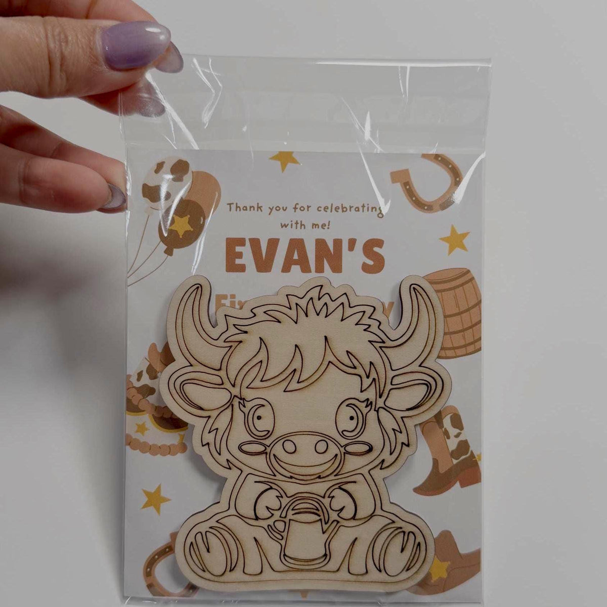 Highland Cow Wood Coloring Kit, Personalized First Rodeo Party Favor With 6 Markers, Kids Western Birthday Craft, Mess Free Activity