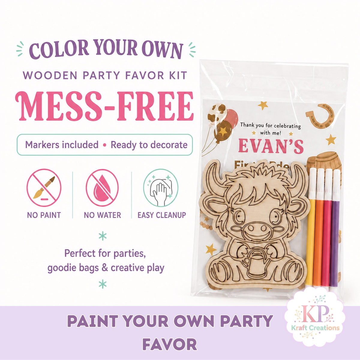 Highland Cow Wood Coloring Kit, Personalized First Rodeo Party Favor With 6 Markers, Kids Western Birthday Craft, Mess Free Activity