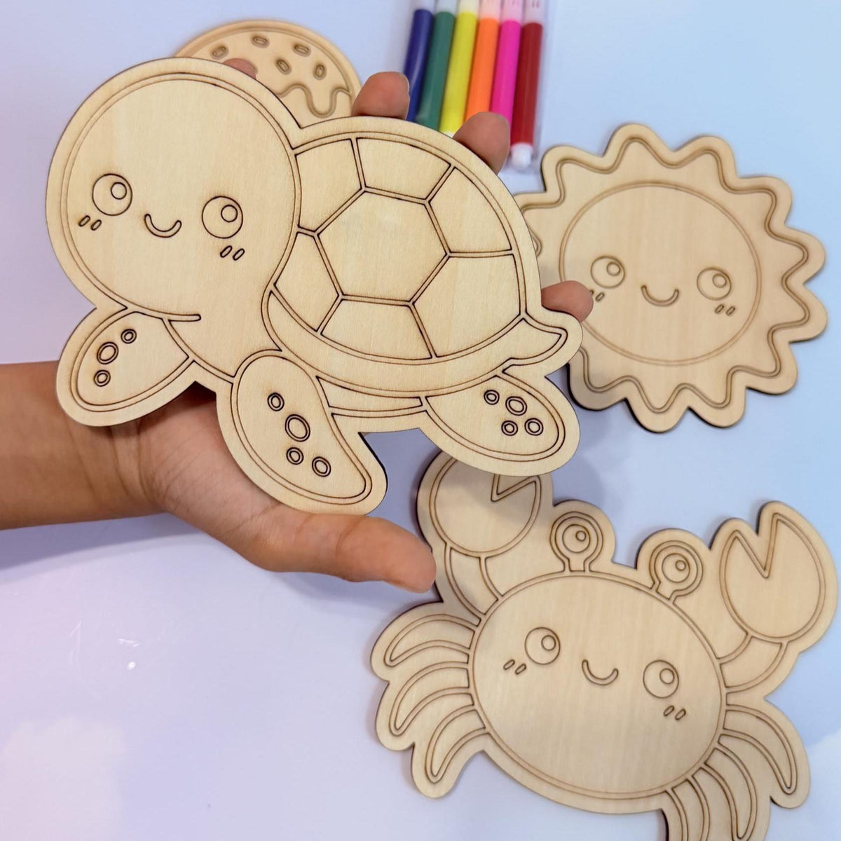 Summer Party Favor, Personalized Wood Coloring Kit with Markers, Beach Birthday Kids Craft, One in the Sun Craft Activity Paint your Own