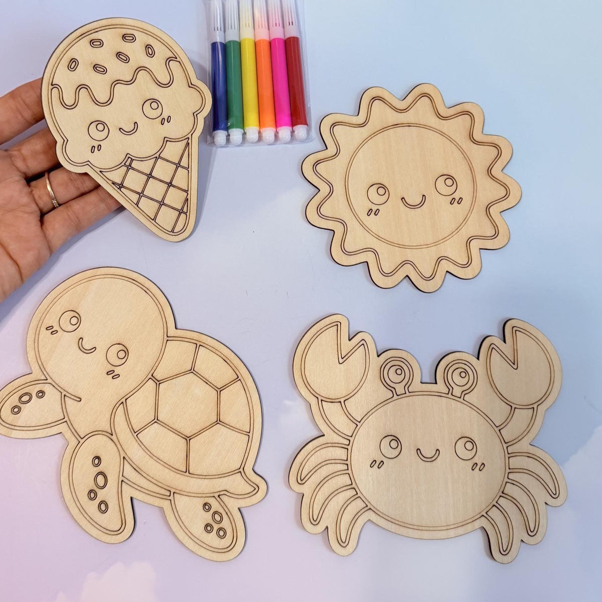Summer Party Favor, Personalized Wood Coloring Kit with Markers, Beach Birthday Kids Craft, One in the Sun Craft Activity Paint your Own